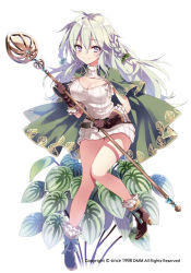 Rule 34 | 1girl, anapom, bare legs, belt, braid, brown footwear, brown gloves, cape, closed mouth, flower knight girl, full body, gloves, green cape, holding, holding staff, legs, long hair, meme attire, name connection, object namesake, peperomia (flower knight girl), purple eyes, shoes, smile, solo, staff, standing, standing on one leg, sweater, white background, white hair, white sweater