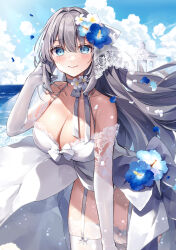 Rule 34 | 1girl, alternate costume, alternate hairstyle, beach, blue eyes, bow, breasts, bridal gauntlets, choker, cleavage, cloud, cloudy sky, day, elbow gloves, fate/grand order, fate (series), flower, garter straps, gloves, grey hair, hair bow, hair flower, hair ornament, highres, lace trim, large breasts, long hair, misaki346, morgan le fay (fate), ocean, outdoors, sky, smile, solo, thighhighs, very long hair, white bridal gauntlets