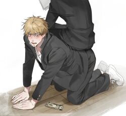 Rule 34 | 1boy, 1other, all fours, banknote, black jacket, black pants, blonde hair, blush, chainsaw man, commentary request, denji (chainsaw man), draw your babygirl (meme), formal, hands on floor, jacket, korean commentary, male focus, meme, money, muksal, on floor, pants, red eyes, sharp teeth, shirt, shoes, short hair, sitting, sitting on person, sneakers, suit, teeth, white background, white footwear, white shirt