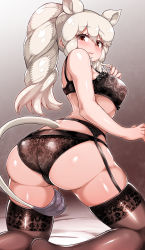 Rule 34 | 1girl, animal ears, ass, bare arms, bare shoulders, blonde hair, blush, bra, breasts, brown eyes, brown hair, drill hair, drill ponytail, extra ears, from behind, garter belt, garter straps, hair between eyes, high ponytail, highres, kemono friends, kneeling, light smile, long hair, looking at viewer, looking back, panties, parted bangs, parted lips, platinum blonde hair, rhinoceros ears, rhinoceros girl, rhinoceros tail, shiny clothes, shiny skin, skindentation, solo, tail, tanaka kusao, thighhighs, twisted torso, underwear, underwear only, white rhinoceros (kemono friends)