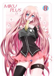 Rule 34 | 1girl, ahoge, banana, between breasts, black hair, blue eyes, blue panties, blush, braid, breasts, catstudioinc (punepuni), cherry blossoms, food, framed, fruit, hair ribbon, ia (vocaloid), legband, long hair, looking at viewer, off shoulder, open mouth, panties, pantyshot, pink hair, ribbon, sexually suggestive, shirt, single thighhigh, skirt, solo, standing, thigh strap, thighhighs, twin braids, underwear, upskirt, very long hair, vocaloid