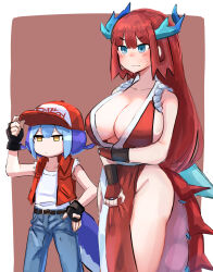 Rule 34 | 2girls, absurdres, arm guards, bare hips, bare shoulders, baseball cap, blue eyes, blue hair, blue horns, blush, breasts, cleavage, cosplay, denim, dragon girl, dragon horns, dragon tail, duel monster, fatal fury, fatal fury cap, fingerless gloves, gloves, green horns, hat, hatano kiyoshi, headwear writing, highres, horns, japanese clothes, jeans, kimono, kitchen dragonmaid, large breasts, laundry dragonmaid, long hair, multicolored hair, multiple girls, ninja, pants, pelvic curtain, red hair, red kimono, revealing clothes, rope, shiranui mai, shiranui mai (cosplay), short hair, simple background, sleeveless, sleeveless kimono, snk, tail, terry bogard, terry bogard (cosplay), the king of fighters, thighs, vest, yellow eyes, yu-gi-oh!
