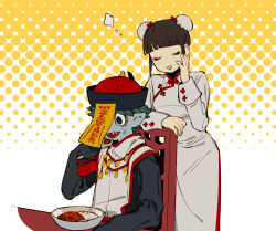 Rule 34 | 1boy, 1girl, black hair, brown hair, china dress, chinese clothes, curry, curry rice, dress, eating, food, hat, hime cut, holding, holding spoon, jiangshi, long sleeves, nanimonothing, original, red trim, rice, spoon