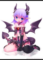 Rule 34 | 1girl, :d, arch imp, asymmetrical footwear, bandeau, bare shoulders, between legs, black gloves, blue eyes, boots, bow, demon girl, demon tail, demon wings, elbow gloves, facial mark, fang, flat chest, genericmav, gloves, hand between legs, heart, heart tattoo, highres, horns, letterboxed, looking at viewer, microskirt, mismatched footwear, monster girl, monster girl encyclopedia, open mouth, pointy ears, purple hair, short hair, simple background, sitting, skirt, slit pupils, smile, solo, tail, tattoo, thigh boots, thighhighs, wariza, white background, wings