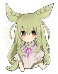 Rule 34 | 1girl, alternate hairstyle, animal ears, artist name, character name, closed mouth, green hair, green suspenders, hair between eyes, heart, highres, light blush, long hair, looking at viewer, ovoip, pink ribbon, puffy short sleeves, puffy sleeves, ribbon, shirt, short sleeves, solo, suspenders, twitter username, voicevox, white background, white shirt, yellow eyes, zundamon