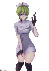 Rule 34 | 1girl, absurdres, blue eyes, commentary, english commentary, foo fighters (jojo), gloves, green hair, hat, highres, jojo no kimyou na bouken, kerbylmaolmao, looking at viewer, nurse, nurse cap, open mouth, shaded face, short hair, simple background, solo, stone ocean, syringe, white background