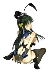 Rule 34 | 1girl, animal ears, ass, back, bad hands, bad id, bad pixiv id, banpresto, blush, bottomless, bow, breasts, covering privates, covering ass, from behind, full body, gloves, green hair, high heels, long hair, medium breasts, nakabayashi reimei, no panties, one eye closed, ouka nagisa, rabbit ears, shoes, sideboob, simple background, solo, super robot wars, super robot wars original generation, thighhighs, wink, yellow bow, yellow eyes