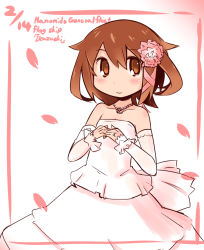Rule 34 | 10s, 1girl, bare shoulders, brown eyes, brown hair, detached sleeves, dress, flower, gradient background, hair flower, hair ornament, hanomido, highres, ikazuchi (kancolle), jewelry, kantai collection, necklace, petals, ring, short hair, smile, solo, wedding band, wedding dress, wedding ring