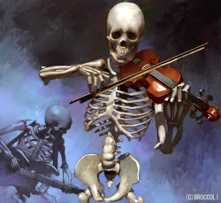 Rule 34 | bone, bow (music), broccoli, dimension zero, electric guitar, guitar, holding instrument, holding violin, instrument, itou satoshi, looking at viewer, looking away, ribs, skeleton, standing, teeth, violin