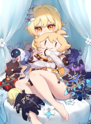 Rule 34 | 1girl, 2boys, abyss mage (genshin impact), aether (genshin impact), ahoge, blonde hair, character doll, covering own mouth, dainsleif (genshin impact), doll, drop 0720, feet, flower, gauntlets, genshin impact, hair flower, hair ornament, highres, holding, holding doll, lumine (genshin impact), multiple boys, sitting, solo focus, twitter username, yellow eyes