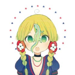 Rule 34 | 1girl, :o, ahoge, animal, ayu (mog), bad id, bad pixiv id, blonde hair, blush, braid, breasts, choker, cleavage, crawling, flower, green eyes, hair flower, hair ornament, hair over shoulder, jewelry, lizard, looking at viewer, necklace, open mouth, original, puffy sleeves, solo, star (symbol), twin braids, upper body, white background