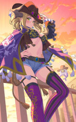Rule 34 | 1girl, against railing, belt, blonde hair, bra, breasts, cape, cleavage, commentary, cowboy hat, cowboy shot, denim, denim shorts, genjitsu no yohane, hand on headwear, hand on own hip, hat, horns, large breasts, looking at viewer, looking to the side, love live!, love live! sunshine!!, mari (genjitsu no yohane), medium breasts, midriff, navel, ohara mari, orange clouds, orange sky, print cape, purple thighhighs, railing, shorts, sky, solo, stomach tattoo, tattoo, thigh strap, thighhighs, underwear, waste-man, whip, yellow eyes
