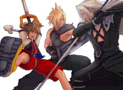 Rule 34 | blonde hair, blue eyes, brown hair, buster sword, cloud strife, final fantasy, final fantasy vii, fingerless gloves, gloves, jewelry, keyblade, kingdom hearts, kingdom hearts i, male focus, masamune (ff7), multiple boys, necklace, nintendo, open mouth, sephiroth, short hair, silver hair, sora (kingdom hearts), spiked hair, square enix, super smash bros., yoracrab