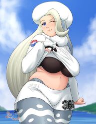 Rule 34 | 1girl, artist name, black bra, blonde hair, blue eyes, bra, breasts, buho01, clothes lift, creatures (company), earrings, fur collar, fur hat, game freak, gloves, hat, highres, jewelry, large breasts, long hair, long sleeves, mature female, melony (pokemon), multicolored hair, nintendo, ocean, one eye closed, pantyhose, pantyhose under shorts, pearl earrings, plump, pokemon, pokemon swsh, scarf, shorts, side slit, side slit shorts, single glove, solo, streaked hair, sweater, sweater lift, underwear, ushanka, white scarf, white sweater