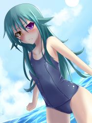 Rule 34 | 1girl, bad id, bad pixiv id, blue hair, blush, dutch angle, fang, frown, heterochromia, highres, leura (suterii), leura arcane, long hair, one-piece swimsuit, original, revision, school swimsuit, shiny clothes, skindentation, solo, suterii, swimsuit