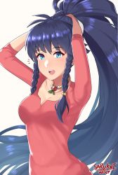 Rule 34 | 1girl, :o, absurdres, alternate costume, antenna hair, arms up, artist name, blue eyes, blue hair, blush, braid, breasts, cleavage, collarbone, female focus, fire emblem, fire emblem: the sacred stones, hair bobbles, hair ornament, highres, jewelry, long hair, long sleeves, looking at viewer, medium breasts, neck, necklace, nintendo, open mouth, pink shirt, ponytail, red shirt, round teeth, sarukaiwolf, shirt, simple background, sleeves rolled up, solo, surprised, tana (fire emblem), teeth, twin braids, tying hair, upper body, upper teeth only, very long hair, white background