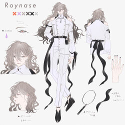 Rule 34 | 1boy, absurdres, androgynous, bare shoulders, belt, bishounen, black footwear, braid, character name, character profile, clothing cutout, from behind, full body, grey hair, hair between eyes, highres, jacket, jewelry, long hair, male focus, msa (fary white), multiple views, necklace, original, pants, profile, red pupils, shoulder cutout, wavy hair, white jacket, white pants