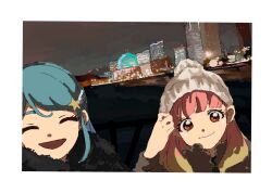 Rule 34 | 2girls, aikatsu! (series), aikatsu friends!, alternate costume, beanie, black coat, blonde hair, blue hair, border, city, closed eyes, closed mouth, coat, colored tips, dutch angle, fur coat, hair ornament, hair over shoulder, hand on headwear, hat, highres, long hair, looking at viewer, minato mio, multicolored hair, multiple girls, night, open mouth, osouzai-kun, outdoors, pink hair, pom pom (clothes), pom pom beanie, portrait, red eyes, skyline, smile, star (symbol), star hair ornament, thick eyebrows, white border, white hat, yuki aine