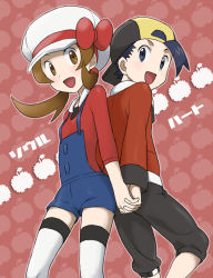 Rule 34 | 00s, 1boy, 1girl, alternate costume, back-to-back, bad id, bad pixiv id, bow, brown eyes, brown hair, cabbie hat, creatures (company), ethan (pokemon), flat chest, game freak, hat, hat ribbon, hetero, holding hands, interlocked fingers, koma yoichi, lyra (pokemon), nintendo, overalls, pokemon, pokemon hgss, red ribbon, ribbon, short twintails, smile, thighhighs, twintails, white thighhighs