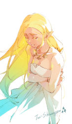 Rule 34 | 1girl, blonde hair, bracelet, breasts, cleavage, collarbone, colored eyelashes, commentary, cowboy shot, crossed arms, crying, dated commentary, dress, closed eyes, hair blowing, highres, jewelry, long dress, long hair, long pointy ears, medium breasts, necklace, nintendo, pointy ears, princess zelda, sad, shuangsen, solo, strapless, strapless dress, tears, the legend of zelda, the legend of zelda: breath of the wild, twitter username, white background, white dress