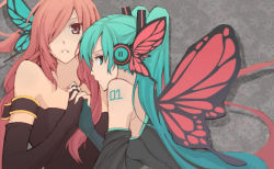 Rule 34 | 2girls, aqua eyes, aqua hair, aqua nails, armband, bare shoulders, black dress, black eyes, black gloves, bug, butterfly, butterfly hair ornament, butterfly wings, dress, elbow gloves, female focus, fingerless gloves, gloves, grey background, hair between eyes, hair ornament, hair over one eye, hatsune miku, headset, holding hands, insect, insect wings, interlocked fingers, leaning, leaning forward, long hair, looking back, looking to the side, megurine luka, multiple girls, nail polish, neck, nyki, parted lips, pink hair, pink nails, serious, strapless, strapless dress, tattoo, twintails, upper body, vocaloid, wings, yuri