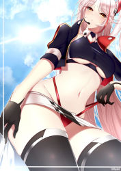 Rule 34 | 1girl, azur lane, black gloves, black thighhighs, breasts, cropped jacket, cropped shirt, from below, gloves, half gloves, headgear, headset, jacket, large breasts, long hair, medium breasts, microphone, miyuki (9029009), multicolored hair, official alternate costume, open clothes, open jacket, panties, prinz eugen (azur lane), prinz eugen (final lap) (azur lane), pulled by self, purple jacket, race queen, red hair, red panties, skirt, solo, strap pull, streaked hair, thighhighs, two-tone hair, underboob, underwear, very long hair, white hair, white skirt, yellow eyes