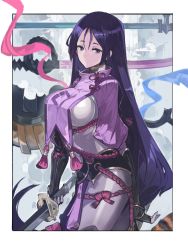 Rule 34 | alchemaniac, black gloves, blue eyes, bodysuit, breasts, fate/grand order, fate (series), gloves, highres, katana, large breasts, long hair, low-tied long hair, minamoto no raikou (fate), parted bangs, purple bodysuit, purple eyes, purple hair, rope, solo, sword, very long hair, weapon