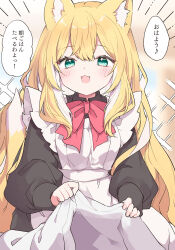 Rule 34 | 1girl, animal ear fluff, animal ears, apron, apron hold, black shirt, blonde hair, bow, colored inner hair, commentary, cowboy shot, emphasis lines, fangs, fingernails, fox ears, fox girl, fox tail, fuwafuwa-chan (kamiyoshi rika), green eyes, hair between eyes, highres, kamiyoshi rika, light blush, long hair, long sleeves, looking at viewer, maid, maid apron, multicolored hair, open mouth, original, red bow, shirt, sidelocks, smile, solo, tail, translation request, very long hair, wavy hair, wing collar