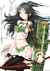 Rule 34 | 1girl, armor, armpit crease, arrow (projectile), asymmetrical gloves, black hair, black thighhighs, blue eyes, bow (weapon), breasts, commentary request, cowboy shot, crop top, cypress, fingerless gloves, flight deck, gloves, hair ribbon, highres, holding, holding bow (weapon), holding weapon, japanese clothes, kantai collection, katsuragi (kancolle), long hair, looking at viewer, midriff, muneate, navel, parted bangs, pleated skirt, ponytail, ribbon, sidelocks, simple background, single fingerless glove, skirt, small breasts, smile, solo, standing, thighhighs, twitter username, uneven gloves, weapon, white background, white ribbon, white skirt, zettai ryouiki