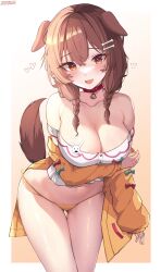 Rule 34 | 1girl, :3, :d, absurdres, animal collar, animal ears, blush, bone hair ornament, braid, breasts, brown eyes, brown hair, cleavage, collar, collarbone, dog ears, dog girl, dog tail, fang, gluteal fold, hair between eyes, hair ornament, hair over shoulder, hairclip, heart, highres, hololive, inugami korone, inugami korone (1st costume), jacket, kkato, large breasts, leaning forward, long hair, looking at viewer, low twin braids, mole, mole on breast, mole on thigh, open mouth, panties, side-tie panties, skin fang, smile, solo, tail, thigh gap, thighs, twin braids, underwear, virtual youtuber, yellow jacket