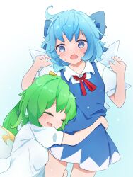 Rule 34 | 2girls, :o, blue background, blue bow, blue dress, blue eyes, blue hair, blush, bow, breasts, chikuzen1996, cirno, closed eyes, collared shirt, daiyousei, dress, fairy wings, gradient background, green hair, hair bow, hands up, highres, hug, ice, ice wings, looking at another, multiple girls, neck ribbon, open mouth, petite, puffy short sleeves, puffy sleeves, red ribbon, ribbon, shirt, short sleeves, simple background, small breasts, surprised, touhou, waist hug, white shirt, wing collar, wings, yuri