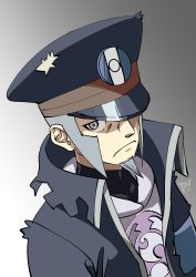 Rule 34 | 1boy, artist logo, black coat, black hat, closed mouth, coat, commentary request, creatures (company), facial hair, frown, game freak, goatee, grey background, grey eyes, grey hair, hat, high collar, highres, ingo (pokemon), looking at viewer, male focus, nintendo, peaked cap, penta (20vdohc), pokemon, pokemon legends: arceus, short hair, sideburns, solo, upper body