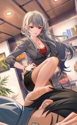 Rule 34 | 1boy, 1girl, crazy ones, feet, femdom, foot on head, grey hair, hand on own hip, highres, long hair, miniskirt, office lady, pantyhose, parted lips, red eyes, skirt, soles, stepped on, toes