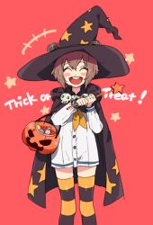 Rule 34 | 10s, 1girl, bad id, bad pixiv id, brown eyes, brown hair, cape, dress, halloween, hat, kantai collection, looking at viewer, personification, sailor dress, school uniform, serafuku, short hair, smile, solo, striped clothes, striped thighhighs, thighhighs, witch hat, yukichi (ohuton zzz), yukikaze (kancolle)