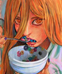 Rule 34 | 1girl, ashima rose, blonde hair, bowl, cereal, chainsaw man, cross-shaped pupils, eating, froot loops, hair between eyes, highres, holding, holding bowl, holding spoon, long hair, looking at viewer, nail polish, power (chainsaw man), shirt, solo, spoon, symbol-shaped pupils, white shirt, yellow eyes