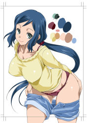 Rule 34 | 10s, 1girl, blue eyes, blue hair, blush, border, breasts, color guide, denim, denim shorts, gundam, gundam build fighters, iori rinko, large breasts, leaning forward, long hair, looking at viewer, matching hair/eyes, mature female, mitarashi kousei, panties, partially undressed, ponytail, shorts, simple background, smile, solo, underwear, undressing
