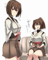 Rule 34 | 10s, 2girls, black eyes, blush, brown hair, hair ribbon, hyuuga (kancolle), ise (kancolle), japanese clothes, kantai collection, lap pillow invitation, multiple girls, open mouth, personification, ponytail, ribbon, sweatdrop, translation request, ulrich (tagaragakuin)