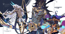 Rule 34 | 1boy, absurdres, aged down, ahoge, alternate costume, arjuna (fate), arjuna alter (fate), armlet, armor, armored boots, arms at sides, barefoot, black eyes, black hair, black shirt, black shorts, blue cape, blue horns, blue pupils, boots, cape, chest tattoo, choa (narko11897), closed mouth, commentary, dark-skinned male, dark skin, dual persona, earrings, fate/grand order, fate (series), glowing horns, gold armor, gold earrings, highres, hoop earrings, horns, jewelry, long hair, looking afar, male focus, orb, outstretched arms, pants, shirt, short hair, shorts, stomach tattoo, tattoo, topless male, very long hair, white hair, white pants, yellow eyes