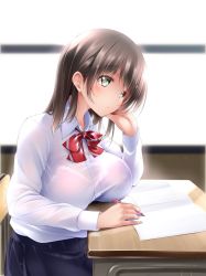 Rule 34 | 1girl, :o, backlighting, bad id, bad twitter id, black skirt, bloom, blush, book, bow, bowtie, bra, bra visible through clothes, breast rest, breasts, brown hair, chair, covered erect nipples, desk, green eyes, head rest, highres, holding, holding pen, large breasts, long hair, long sleeves, looking away, medium breasts, midoriiro no shinzou, original, pen, pleated skirt, red bow, red bowtie, school desk, school uniform, see-through, shirt, sitting, skirt, solo, underwear, upper body, white shirt
