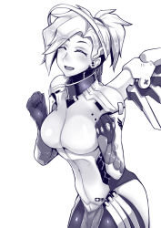 Rule 34 | 1girl, bodysuit, breasts, clenched hands, closed eyes, cowboy shot, facing viewer, gggg, halo, high ponytail, highres, large breasts, long hair, mechanical halo, mechanical wings, mercy (overwatch), monochrome, open mouth, overwatch, overwatch 1, simple background, smile, solo, white background, wings