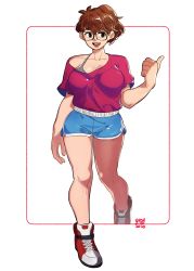 Rule 34 | 1girl, bra, breasts, brown eyes, brown hair, cleavage, glasses, grey bra, highres, large breasts, off-shoulder shirt, off shoulder, open mouth, original, pointing, pointing to the side, shirt, snowcie, snowciel, solo, underwear, walking, white background