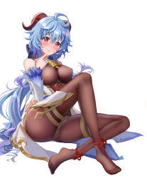 Rule 34 | 1girl, absurdres, ahoge, bare shoulders, bell, black legwear, blue hair, blush, bodystocking, bodysuit, breasts, ccclann, chinese knot, detached sleeves, flower knot, ganyu (genshin impact), genshin impact, gold trim, hand to own mouth, heart, heart-shaped pupils, highres, horns, knee up, leotard, leotard under clothes, long hair, looking at viewer, low ponytail, medium breasts, neck bell, no gloves, nose blush, panties, purple eyes, sidelocks, sitting, smile, solo, symbol-shaped pupils, thighlet, thighs, twitter username, underwear, very long hair, white background, white sleeves