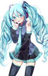 Rule 34 | 1girl, absurdres, adjusting headset, alternate hairstyle, aqua eyes, aqua hair, aqua necktie, bare shoulders, black skirt, black sleeves, black thighhighs, bloom, blush, commentary, contrapposto, cowboy shot, detached sleeves, drill hair, grey shirt, hair ornament, hatsune miku, headphones, headset, highres, hitsujida, huge filesize, long hair, looking at viewer, miniskirt, necktie, open mouth, pleated skirt, shirt, shoulder tattoo, skirt, sleeveless, sleeveless shirt, sleeves past fingers, sleeves past wrists, smile, solo, tattoo, thighhighs, twin drills, twintails, very long hair, vocaloid, white background, zettai ryouiki