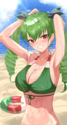 Rule 34 | 1girl, anchovy (girls und panzer), arms behind head, arms up, beach, bikini, black ribbon, blush, breasts, brown eyes, cleavage, collarbone, day, drill hair, girls und panzer, green hair, grin, hair ribbon, highres, innertube, italian flag bikini, large breasts, long hair, looking at viewer, mamaa (maeni6379), navel, outdoors, ribbon, smile, solo, swim ring, swimsuit, teeth, twin drills, upper body