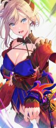 Rule 34 | 1girl, asymmetrical hair, bare shoulders, black thighhighs, blue eyes, breasts, cleavage, commentary request, detached sleeves, earrings, fate/grand order, fate (series), hair ornament, hand on own hip, highres, japanese clothes, jewelry, kimono, large breasts, miyamoto musashi (fate), miyamoto musashi (second ascension) (fate), obi, open mouth, pink hair, poligon (046), ponytail, sash, single sidelock, sleeveless, sleeveless kimono, solo, swept bangs, thighhighs, wide sleeves