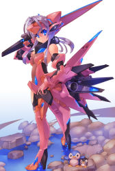 Rule 34 | 1girl, bare shoulders, blue eyes, boots, headgear, high heel boots, high heels, looking at viewer, mecha musume, mk-5, original, pink footwear, pink thighhighs, solo, sword, thigh boots, thighhighs, weapon, white hair