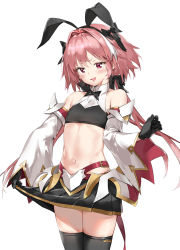 Rule 34 | 1boy, armor, astolfo (fate), astolfo (saber) (fate), bare shoulders, belt, black bow, black bowtie, black gloves, black ribbon, black shirt, black skirt, black thighhighs, blush, bow, bowtie, commentary request, crop top, crossdressing, fang, fate/grand order, fate (series), faulds, gloves, hair between eyes, hair bow, hair intakes, highres, long hair, long sleeves, looking at viewer, low twintails, male focus, midriff, multicolored hair, navel, open mouth, pink hair, pixel (yuxian), pleated skirt, purple eyes, ribbon, shirt, simple background, skirt, skirt hold, smile, solo, streaked hair, thighhighs, thighs, trap, twintails, white background, white hair, wide sleeves, wing collar