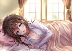 Rule 34 | 10s, 1girl, ahoge, bad id, bad pixiv id, bed, bed sheet, blue eyes, blush, breasts, brown hair, cleavage, collarbone, collared shirt, curtains, hair flaps, hair ornament, indoors, kantai collection, long hair, looking at viewer, lying, marisasu (marisa0904), medium breasts, messy hair, morning, on bed, on side, open clothes, open mouth, open shirt, pillow, pov across bed, shigure (kancolle), shigure kai ni (kancolle), shirt, sleeves past wrists, smile, solo, sunlight, under covers, window