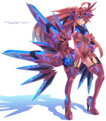 Rule 34 | blue eyes, boots, cameltoe, full body, gluteal fold, high heel boots, high heels, long hair, mecha musume, mechanical wings, mk-5, navel, red hair, see-through, shadow, solo, thigh strap, white background, wings