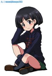 Rule 34 | 1girl, black eyes, black hair, black shirt, black socks, blunt bangs, bob cut, brown footwear, casual, closed mouth, clothes writing, commentary, drawstring, elbow on knee, frown, full body, girls und panzer, green skirt, hair ornament, hairclip, hand in own hair, hood, hood down, hoodie, indian style, kayabakoro, loafers, long sleeves, looking at viewer, miniskirt, one-hour drawing challenge, pleated skirt, shirt, shoes, short hair, sitting, skirt, sleeves past wrists, socks, solo, sono midoriko